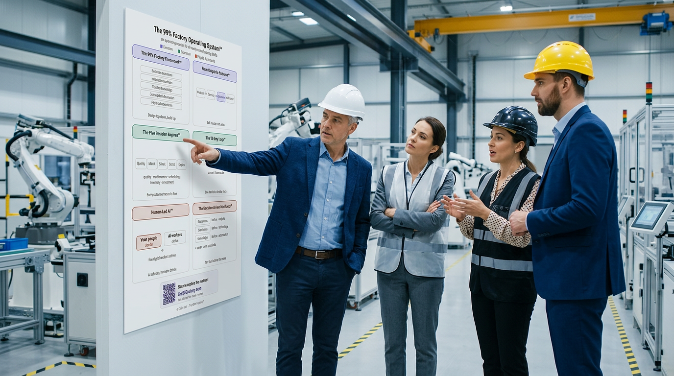 a photorealistic corporate documentary style scene in a modern industrial manufacturing shopfloor. a group of four diverse business executives and manufacturing leaders in